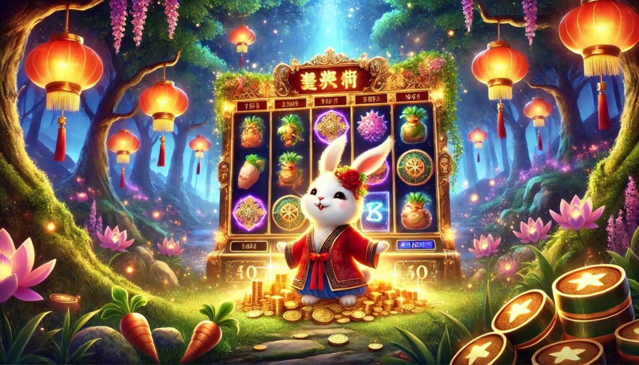 Tampilan layar permainan mesin arcade dengan simbol, saldo pemain, dan tombol putar